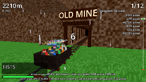 A mine cart full of divers rolling toward the Old Mine