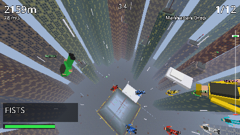 Divers falling between Manhattan skyscrapers past a yellow taxi