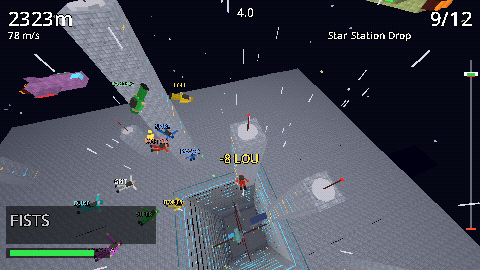 Divers falling toward a shaft in a space station